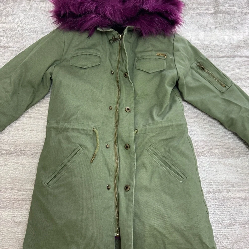 Guess Girls Green Parka with Purple Faux Fur Trim, Size 8